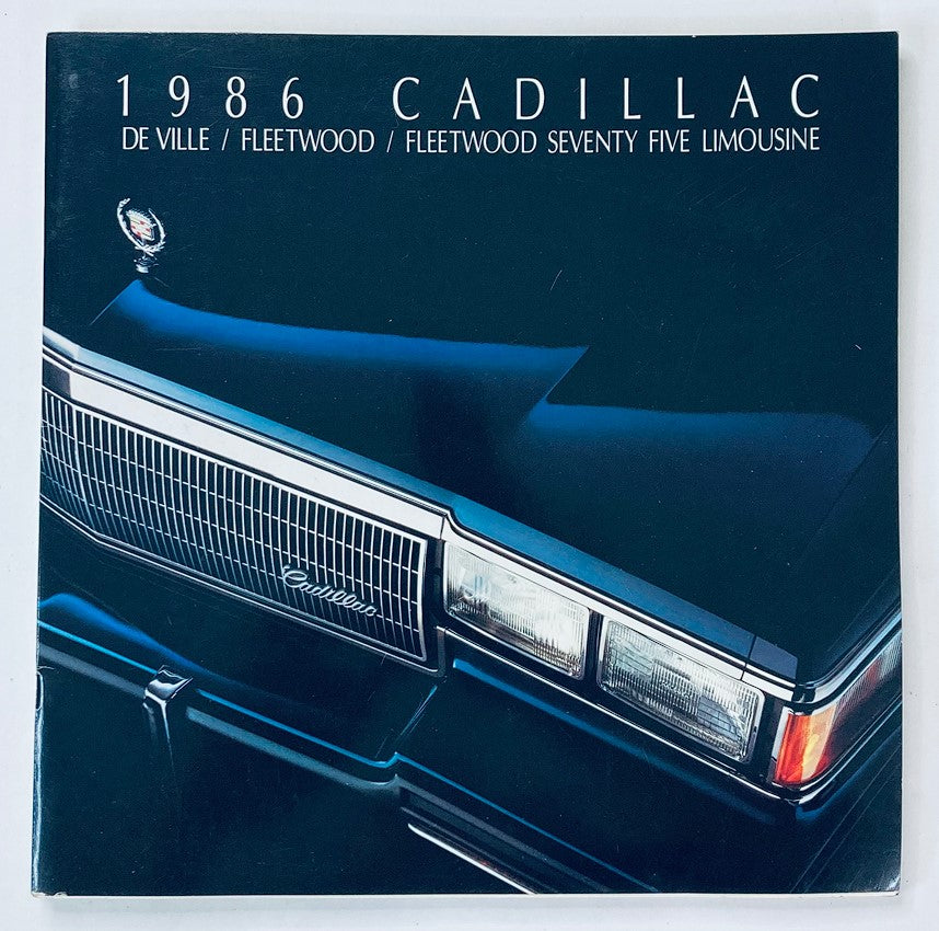 1986 Cadillac de Ville, Fleetwood Dealer Showroom Sales Brochure Cover featuring the sleek front grille and emblem of the Cadillac, showcasing luxury and elegance.