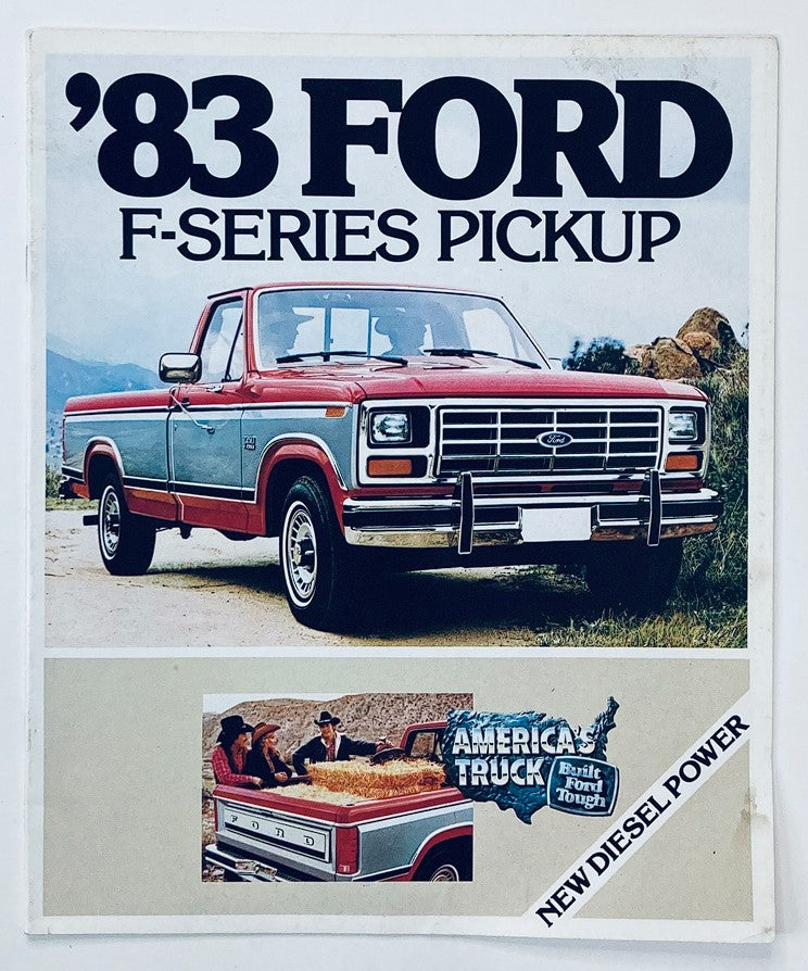 1983 Ford F-Series Pickup Dealer Showroom Sales Brochure Guide Catalog showcasing a classic red and blue pickup truck parked in a scenic outdoor setting.