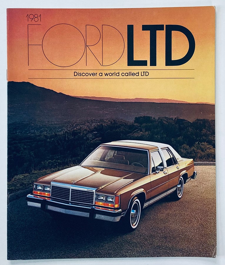 1981 Ford LTD Dealer Showroom Sales Brochure Guide Catalog cover featuring a classic brown Ford LTD car against a scenic sunset background.