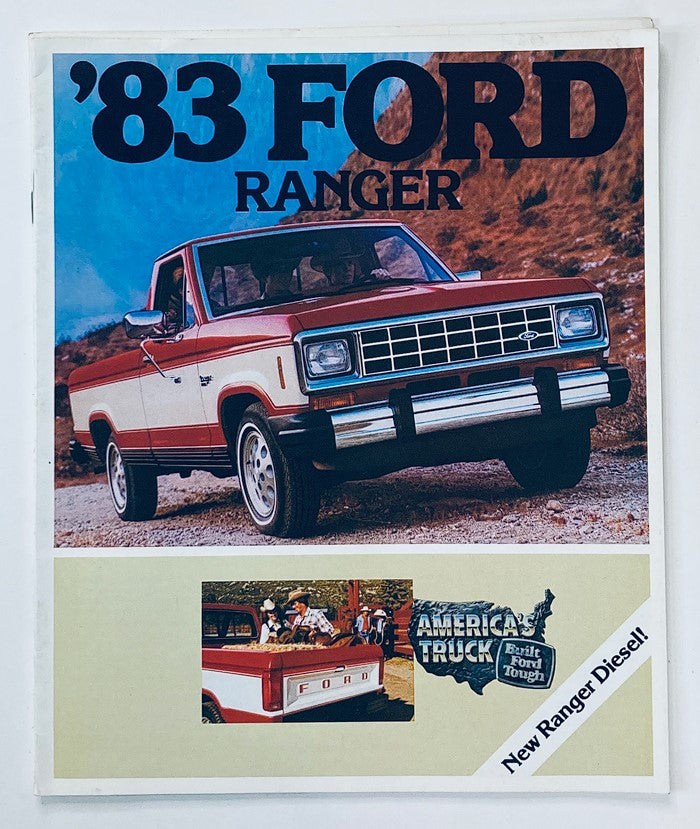 1983 Ford Ranger Dealer Showroom Sales Brochure showcasing the classic red and white Ford Ranger pickup truck, highlighting key features and design elements.