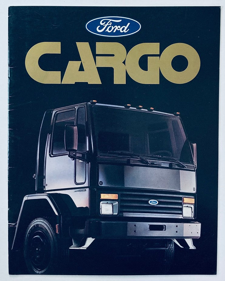 1985 Ford Cargo Dealer Showroom Sales Brochure Guide Catalog cover featuring a black Ford Cargo truck on a dark background.