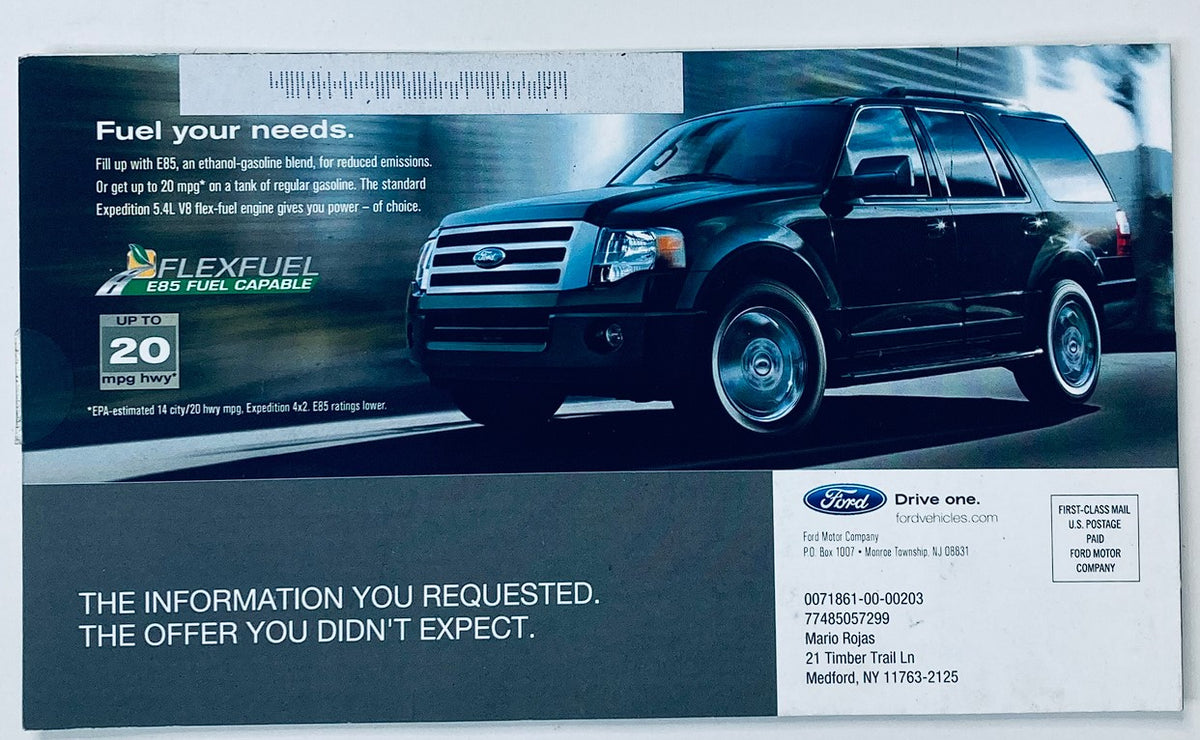 2010 Ford Expedition Dealer Showroom Sales Brochure showcasing a black Ford Expedition promoting fuel efficiency and flexibility, with the caption 'Fuel your needs.' The brochure emphasizes the Expedition’s E85 Flex Fuel capability.