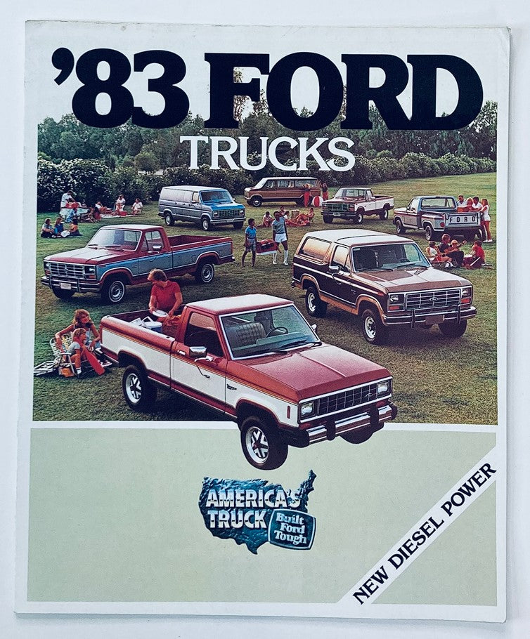 1983 Ford Trucks Dealer Showroom Sales Brochure featuring a lineup of vintage Ford trucks in a scenic outdoor setting. The cover displays '83 FORD TRUCKS and highlights the models available, showcasing the charm and appeal of 1980s automotive design.