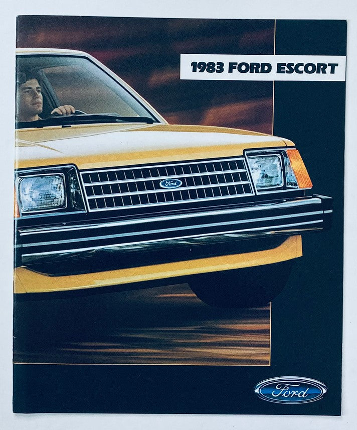 1983 Ford Escort Dealer Showroom Sales Brochure Guide Catalog featuring a yellow Ford Escort car with a driver, showcasing the vehicle's design and features.