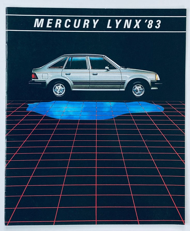 1983 Mercury Lynx Dealer Showroom Sales Brochure Guide Catalog featuring a silver Mercury Lynx car on a grid background, showcasing its design and features.