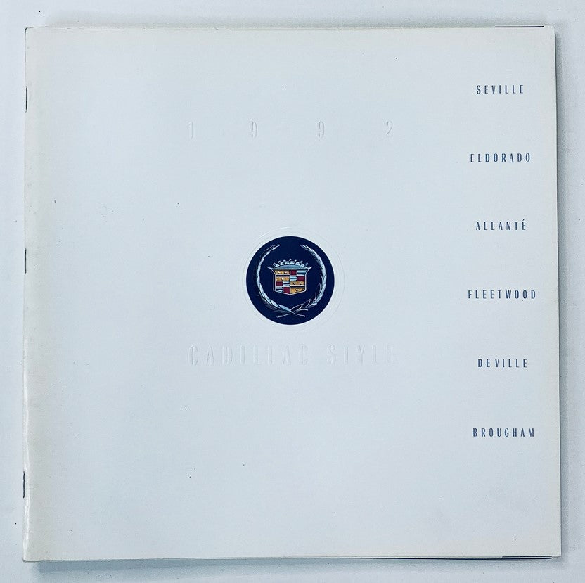 1992 Cadillac Seville Dealer Showroom Sales Brochure Guide Catalog cover showing the Cadillac logo and model names including Seville, Eldorado, Allanté, Fleetwood, DeVille, and Brougham.