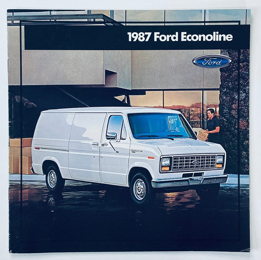 1987 Ford Econoline Dealer Showroom Sales Brochure Guide Catalog featuring a white Ford Econoline van parked in front of a modern dealership, showcasing the vehicle's design and features.