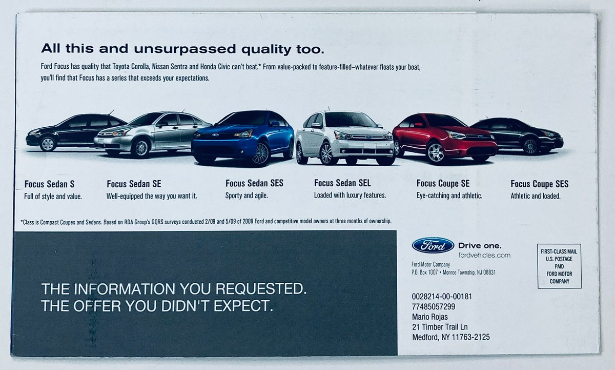 2010 Ford Focus Dealer Showroom Sales Brochure Guide Catalog featuring a lineup of Ford Focus models, highlighting quality and various features in a promotional layout.
