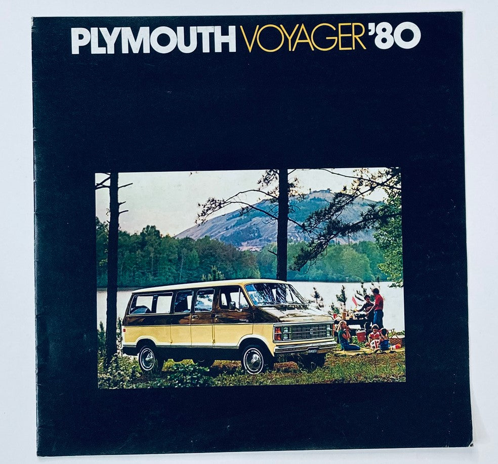 1980 Plymouth Voyager Dealer Showroom Sales Brochure Guide Catalog featuring the Plymouth Voyager van parked near a scenic lake surrounded by trees and a group of people enjoying a picnic.