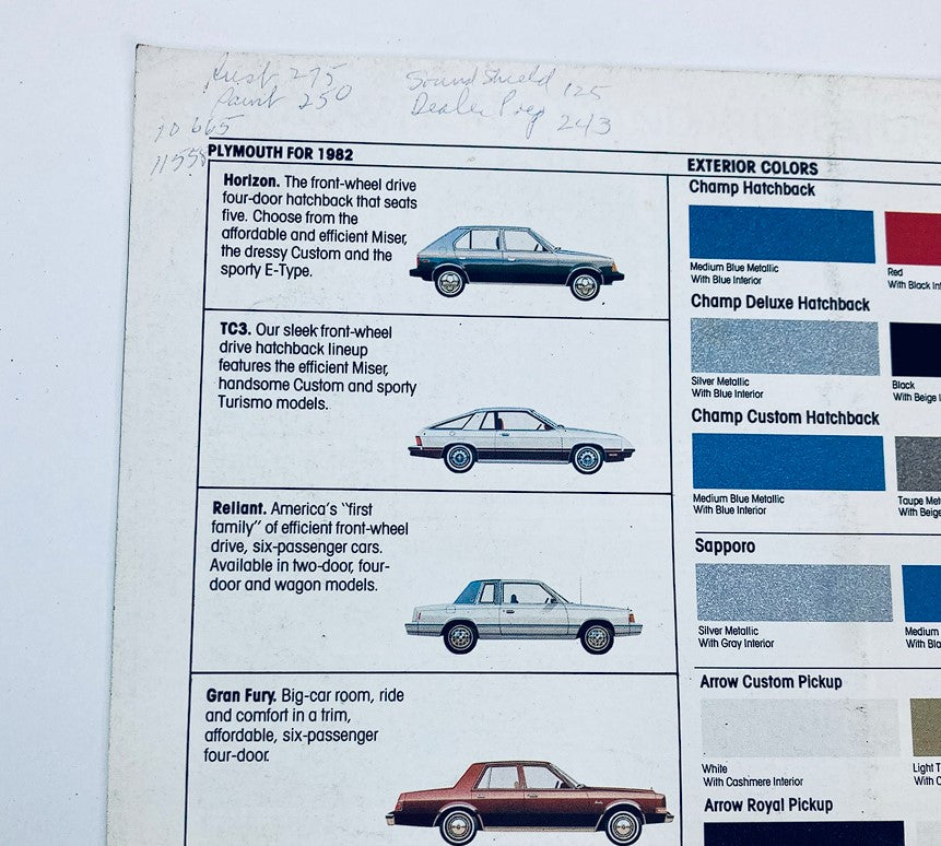 1982 Plymouth Imports Dealer Showroom Sales Brochure Guide Catalog detailing Plymouth models with specs, including colors and design features for the Horizon, TC3, Reliant, and Gran Fury.