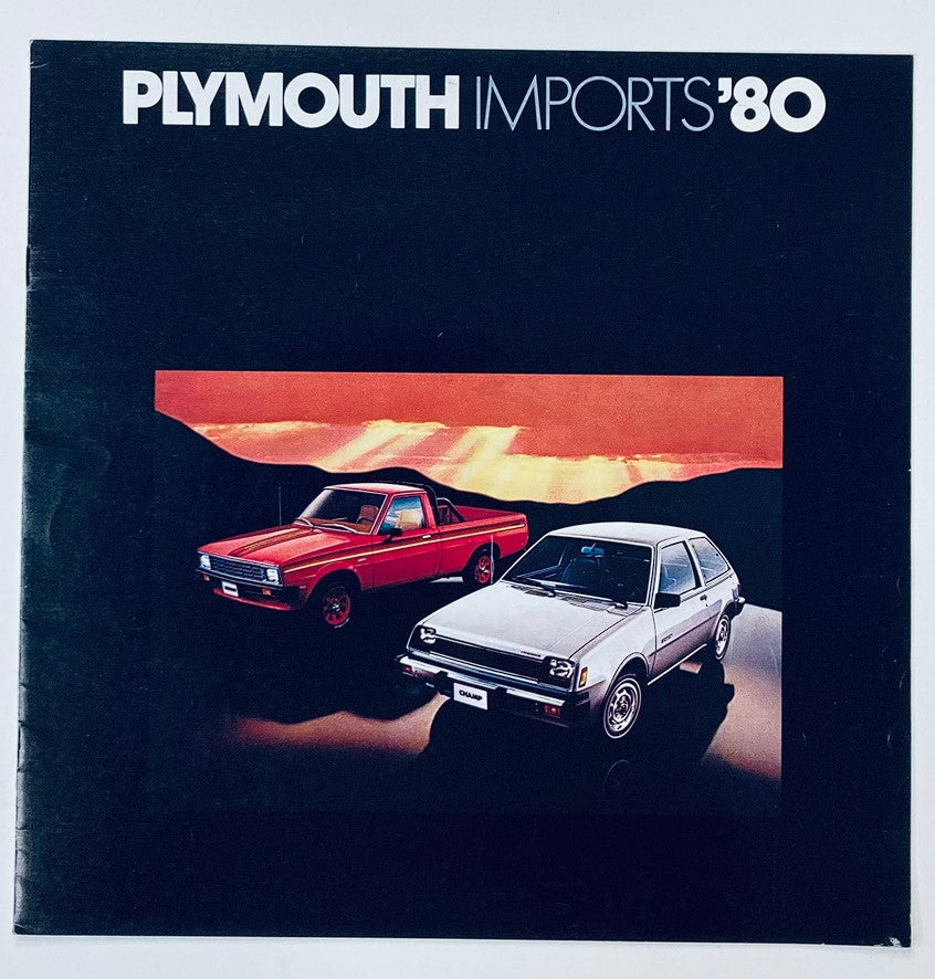 1980 Plymouth Imports Dealer Showroom Sales Brochure featuring a stylish red pickup truck and a silver hatchback against a scenic sunset backdrop.