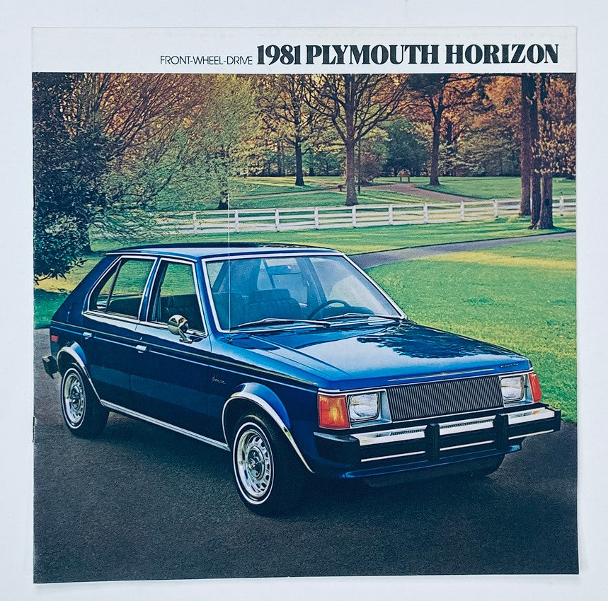 1981 Plymouth Horizon Dealer Showroom Sales Brochure Guide Catalog featuring a blue Plymouth Horizon car parked in a scenic outdoor setting with trees and a white fence.