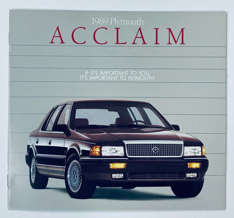 1989 Plymouth Acclaim Dealer Showroom Sales Brochure Guide Catalog featuring a front view of the Plymouth Acclaim car, showcasing its sleek design and styling.