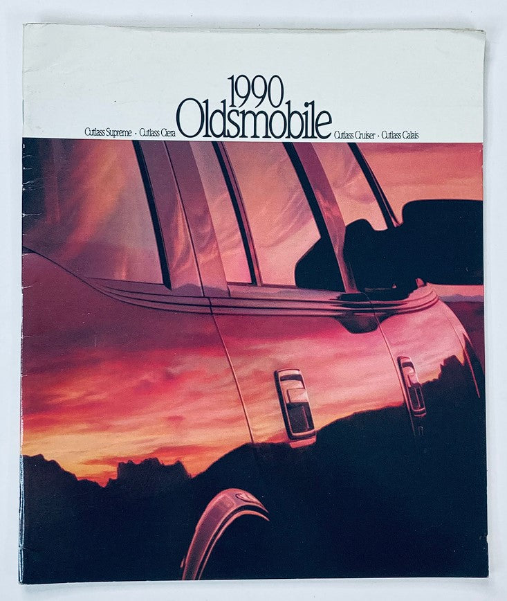 Cover of the 1990 Oldsmobile Cutlass Supreme Dealer Showroom Sales Brochure featuring a stylish image of the vehicle's side profile, representing the Cutlass Supreme, Cutlass Ciera, Cutlass Cruiser, and Cutlass Calais.