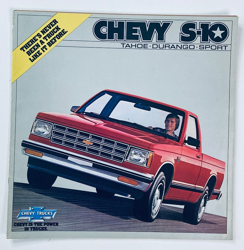 1982 Chevrolet S-10 Tahoe Dealer Showroom Sales Brochure featuring a red pickup truck in action, showcasing its stylish design and emphasizing Chevy Trucks as the power in trucks.
