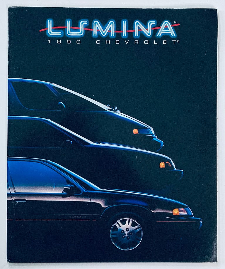 1990 Chevrolet Lumina Dealer Showroom Sales Brochure with vibrant design featuring three Lumina cars in silhouette against a dark background, showcasing the iconic vehicle model for enthusiasts and collectors.