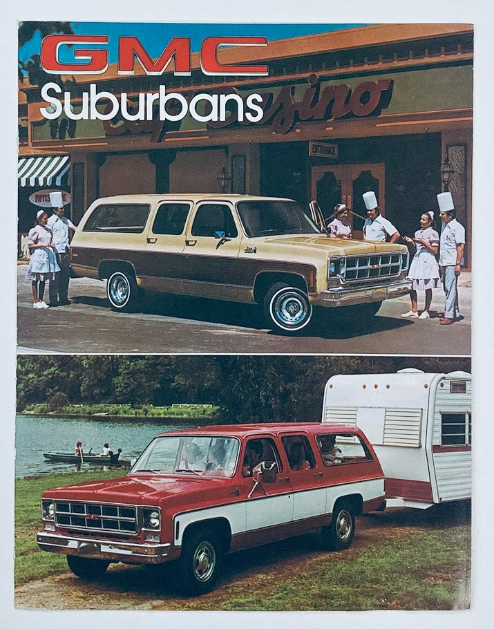 Cover image of the 1978 GMC Suburbans Dealer Showroom Sales Brochure Guide Catalog featuring two GMC Suburbans, one parked in front of a restaurant and the other by a camping site, showcasing classic design and lifestyle appeal.