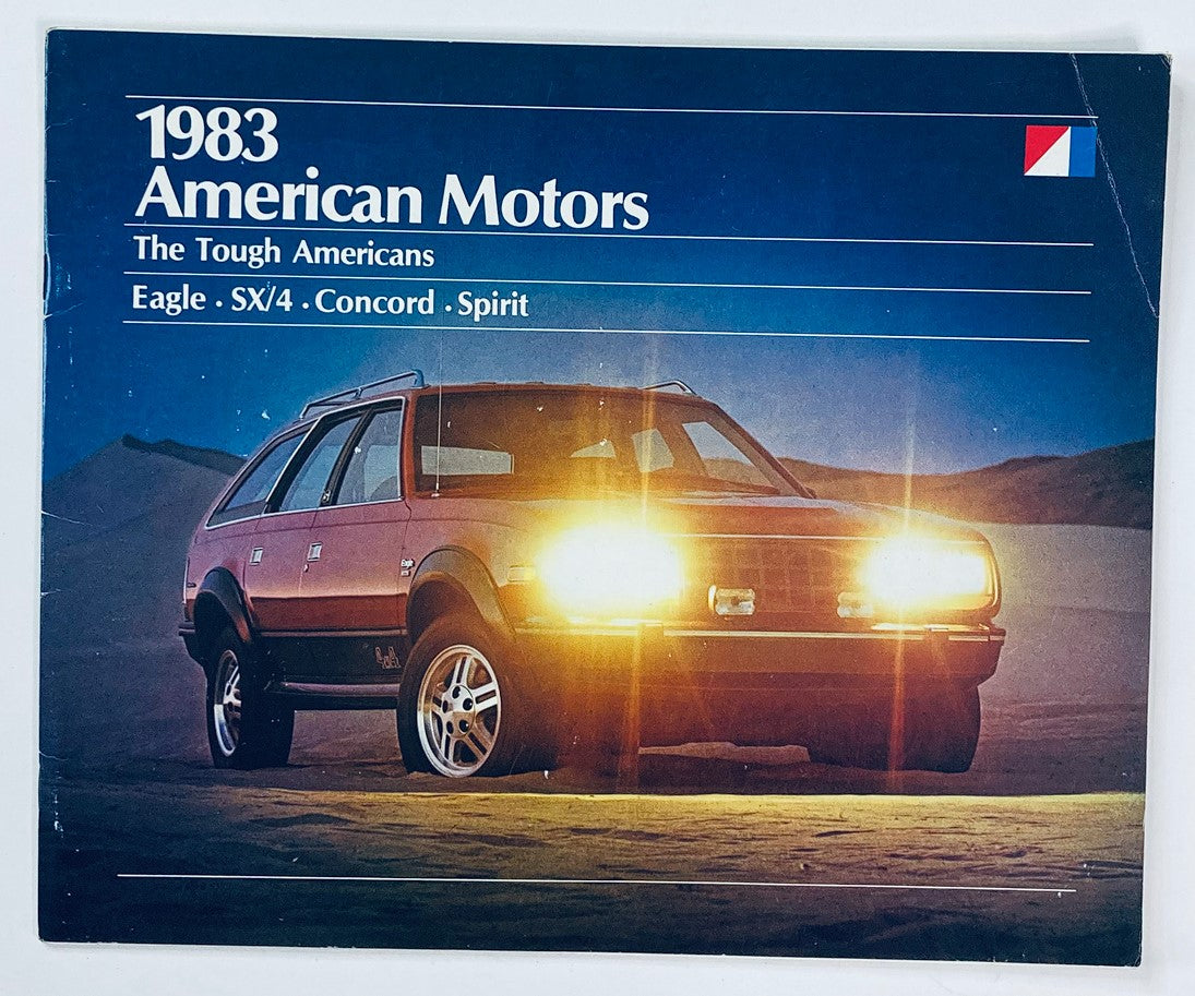 1983 American Motors SX/4 Dealer Showroom Sales Brochure featuring a vintage SX/4 model in a desert landscape with headlights on, showcasing 1980s automotive design.