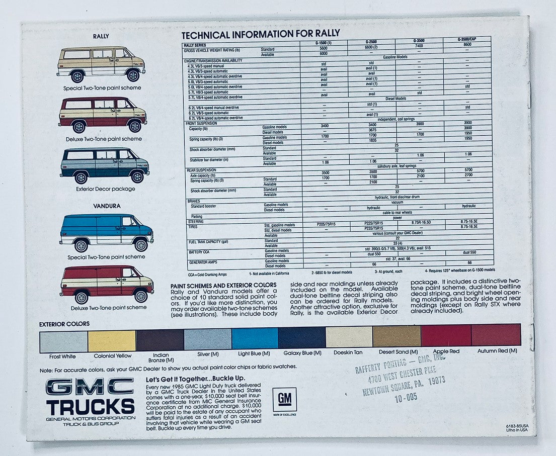 1987 GMC Rally Vandura technical information page detailing paint schemes, exterior colors, and specifications for Rally and Vandura models, part of the dealer showroom sales brochure.
