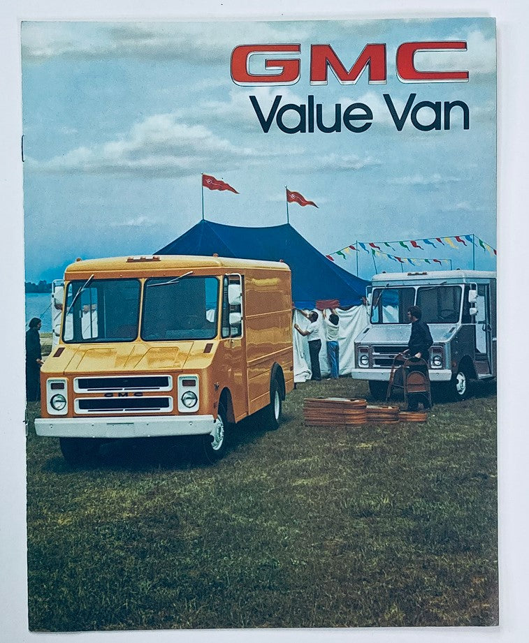 1978 GMC Value Van Dealer Showroom Sales Brochure depicting two GMC Value Vans parked in a sunny outdoor setting with a festival backdrop.