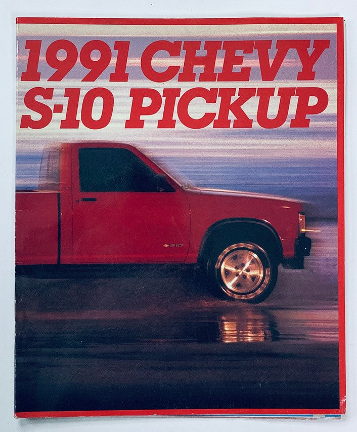 1991 Chevrolet S-10 Pickup Sales Brochure Cover featuring a vibrant red pickup truck in motion, showcasing the vehicle's style against a blurred background.