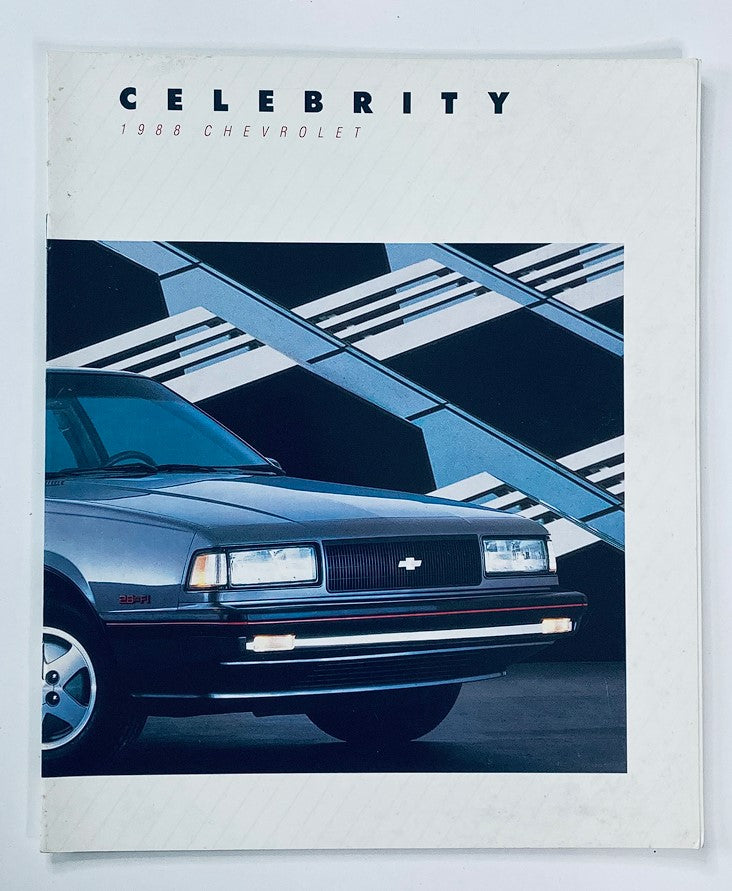1988 Chevrolet Celebrity Dealer Showroom Sales Brochure Guide Catalog cover featuring a close-up of the Chevrolet Celebrity car against a modern backdrop.