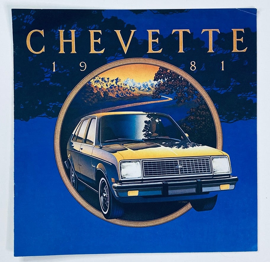 1981 Chevrolet Chevette Dealer Showroom Sales Brochure Guide Catalog featuring a vibrant illustration of the Chevette model on a blue background.