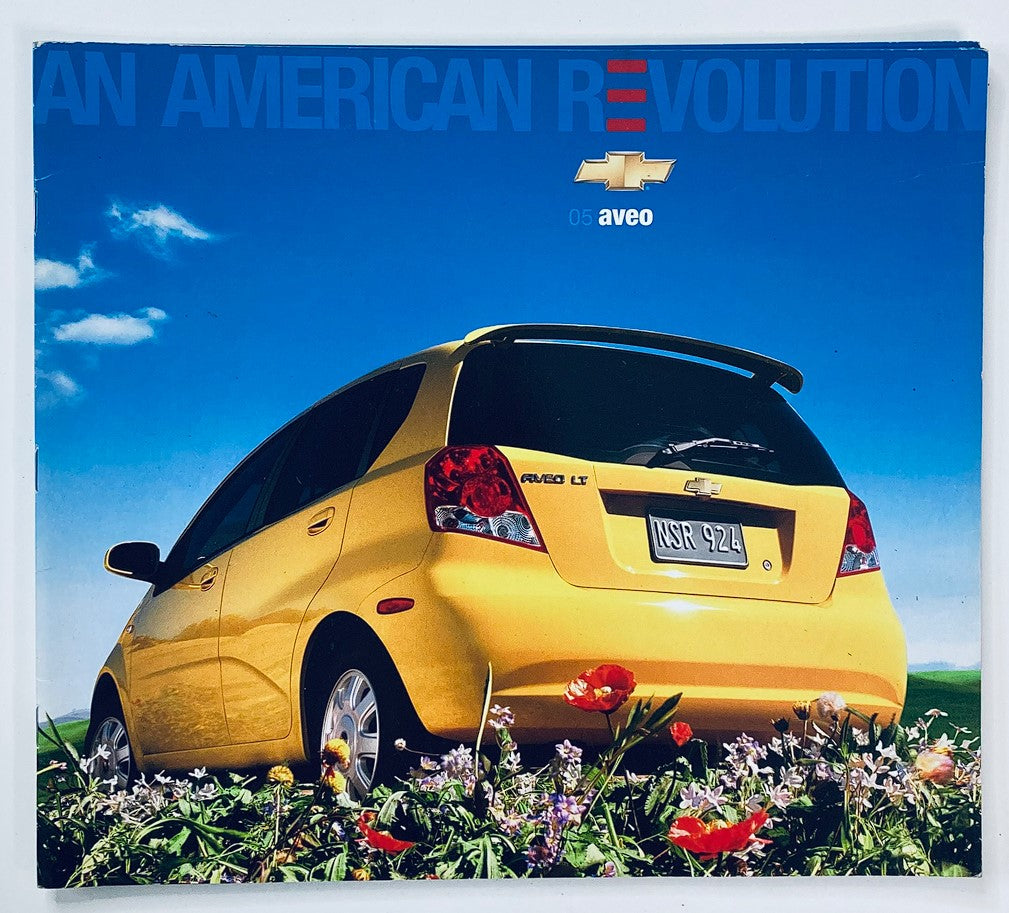 2005 Chevrolet Aveo Dealer Showroom Sales Brochure Guide Catalog featuring a vibrant yellow Chevrolet Aveo parked in a field of flowers against a clear blue sky.