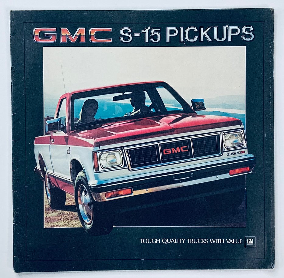 Cover of the 1984 GMC S-15 Pickups Dealer Showroom Sales Brochure, featuring a red GMC S-15 pickup truck against a scenic background, highlighting the slogan 'TOUGH QUALITY TRUCKS WITH VALUE'.
