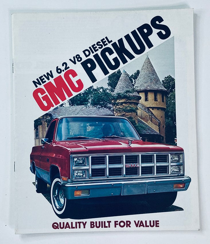 Front cover of the 1982 GMC Pickups 6.2 V8 Diesel Dealer Showroom Sales Brochure featuring a red GMC pickup truck and the text 'NEW 6.2 V8 DIESEL GMC PICKUPS QUALITY BUILT FOR VALUE.'