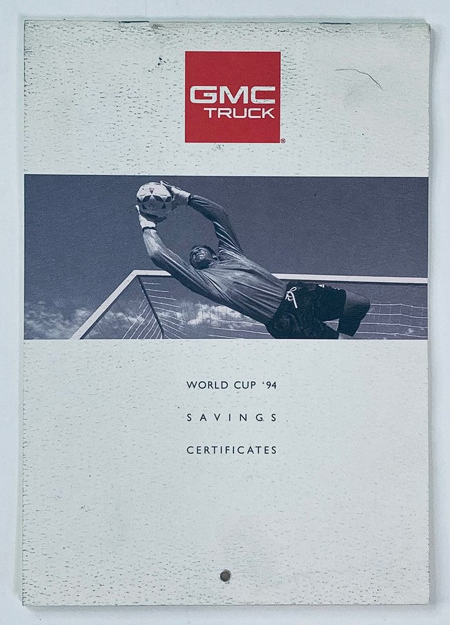 Cover of the 1994 GMC Truck World Cup Dealer Showroom Sales Brochure Guide Catalog featuring a soccer player saving a goal. Design includes GMC Truck branding and mentions of World Cup '94 savings certificates.