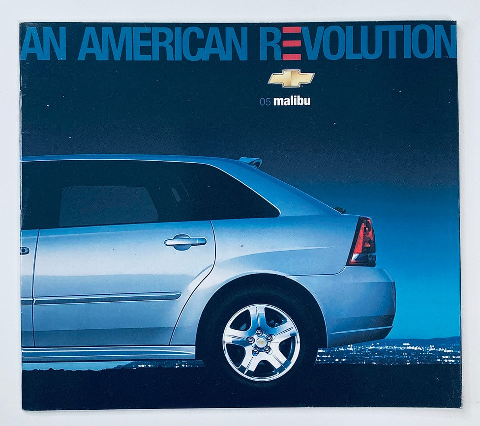 2005 Chevrolet Malibu Dealer Showroom Sales Brochure Guide Catalog featuring the sleek side profile of a silver Chevrolet Malibu against a night skyline, highlighting its modern design and features.