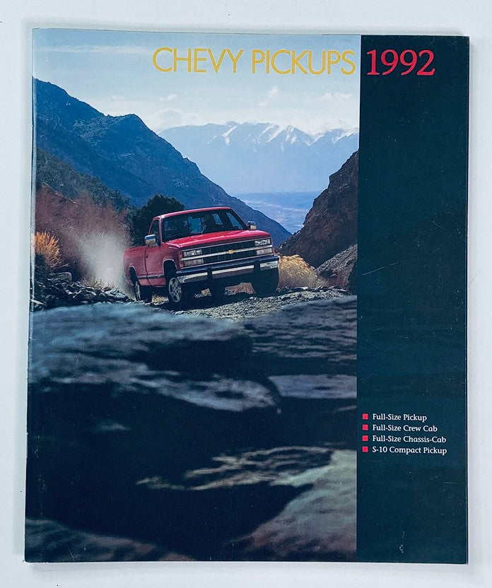 1992 Chevrolet Pickups Dealer Showroom Sales Brochure Guide Catalog showcasing a red Chevy pickup truck driving through a mountainous terrain.
