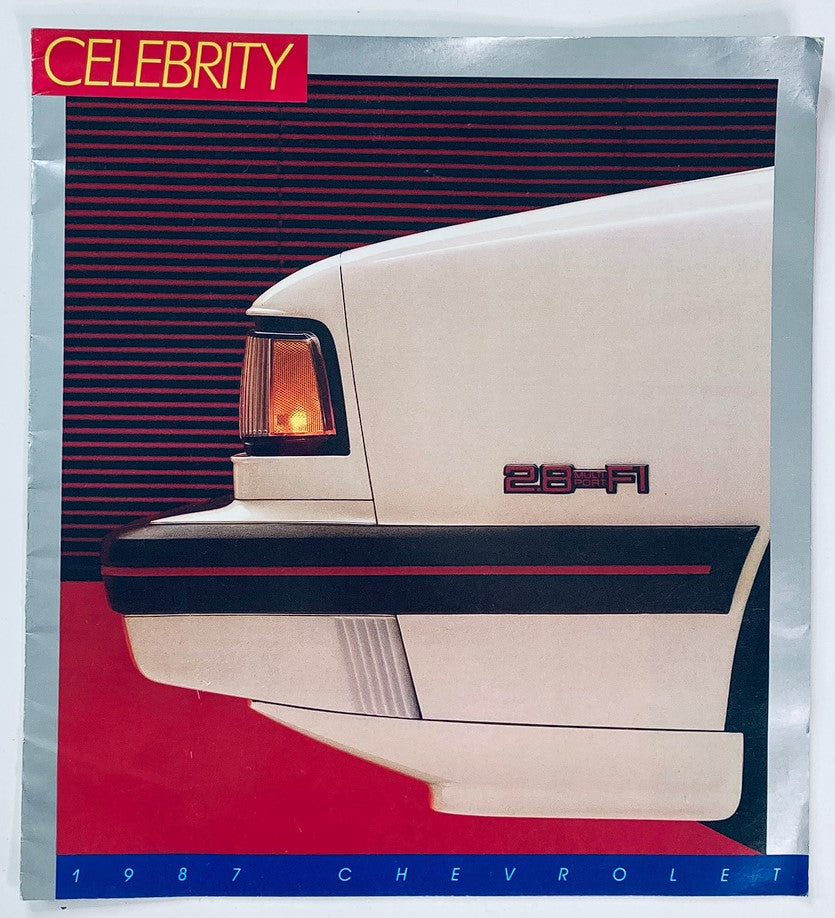 Cover of the 1987 Chevrolet Celebrity Dealer Showroom Sales Brochure Guide Catalog featuring the rear side of a Chevrolet Celebrity showcasing the model badge and design elements.