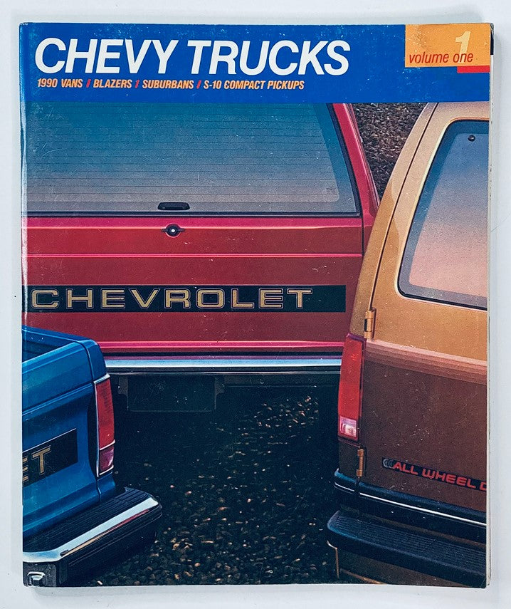 1990 Chevrolet Trucks, Vans Dealer Showroom Sales Brochure Guide Catalog cover featuring a close-up of Chevrolet truck rearends, showcasing models including S-10 compact pickups, Blazers, and Suburbans.