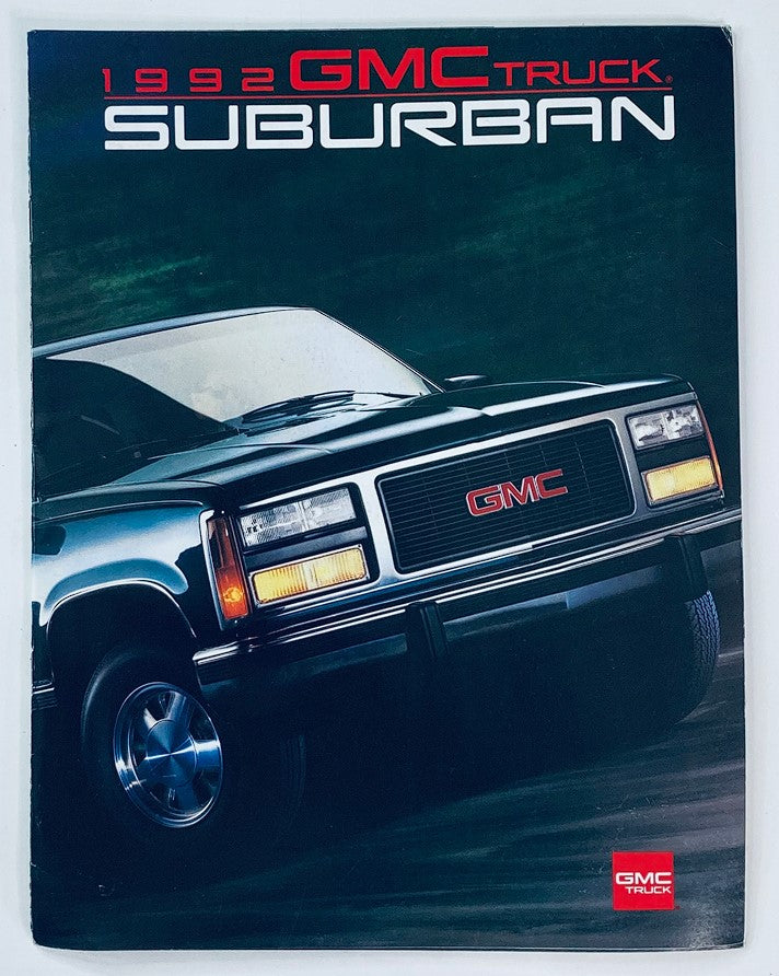 Cover of the 1992 GMC Truck Suburban Dealer Showroom Sales Brochure Guide Catalog featuring a black GMC Suburban vehicle.
