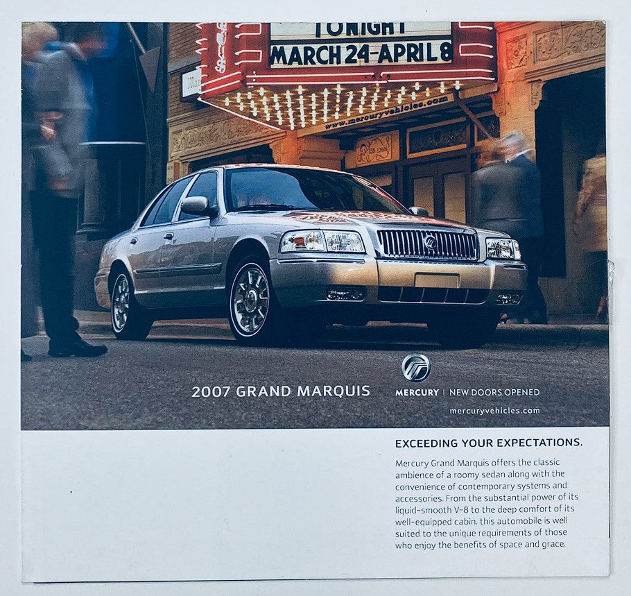 2007 Mercury Grand Marquis Dealer Showroom Sales Brochure Guide Catalog featuring a silver Grand Marquis in a vibrant city setting, showcasing its luxury and style.