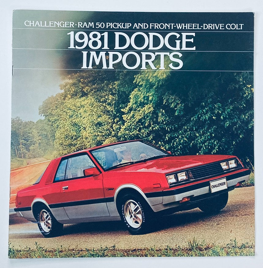 1981 Dodge Imports Dealer Showroom Sales Brochure showcasing a red Dodge Challenger on an open road, emphasizing the classic design and automotive history. An essential collectible for car enthusiasts.