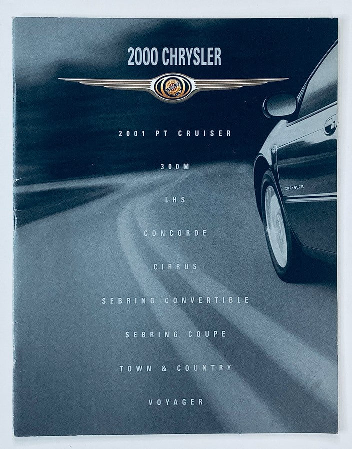 Front cover of the 2000 Chrysler PT Cruiser Dealer Showroom Sales Brochure Guide Catalog showcasing the Chrysler logo and line-up of models including 300M, LHS, Concorde, Cirrus, Sebring, and Voyager.