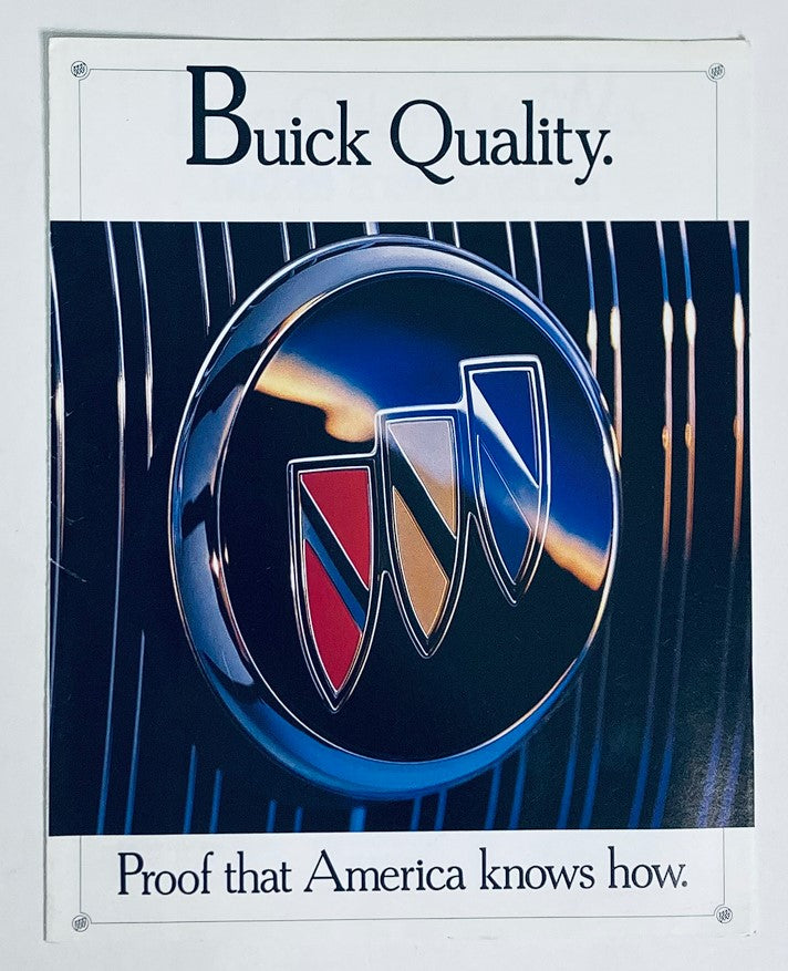 1992 Buick Dealer Showroom Sales Brochure featuring the iconic Buick emblem with three colored shields, symbolizing quality and craftsmanship, with the slogan 'Proof that America knows how.'