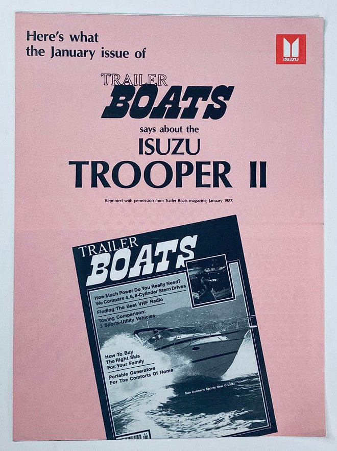 1987 Isuzu Trooper II Dealer Showroom Sales Brochure Guide Catalog featuring an article from Trailer Boats magazine discussing the Isuzu Trooper II.