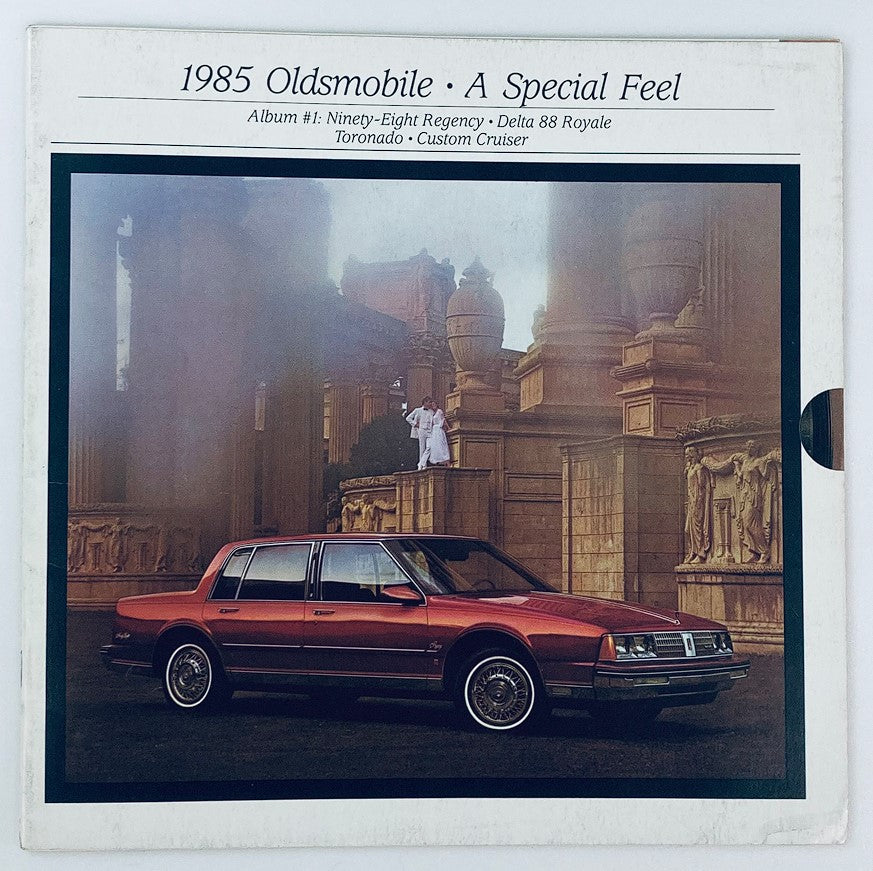 1985 Oldsmobile Delta 88 Royale Dealer Showroom Sales Brochure featuring the classic car model in a stylish setting, showcasing its design and features.