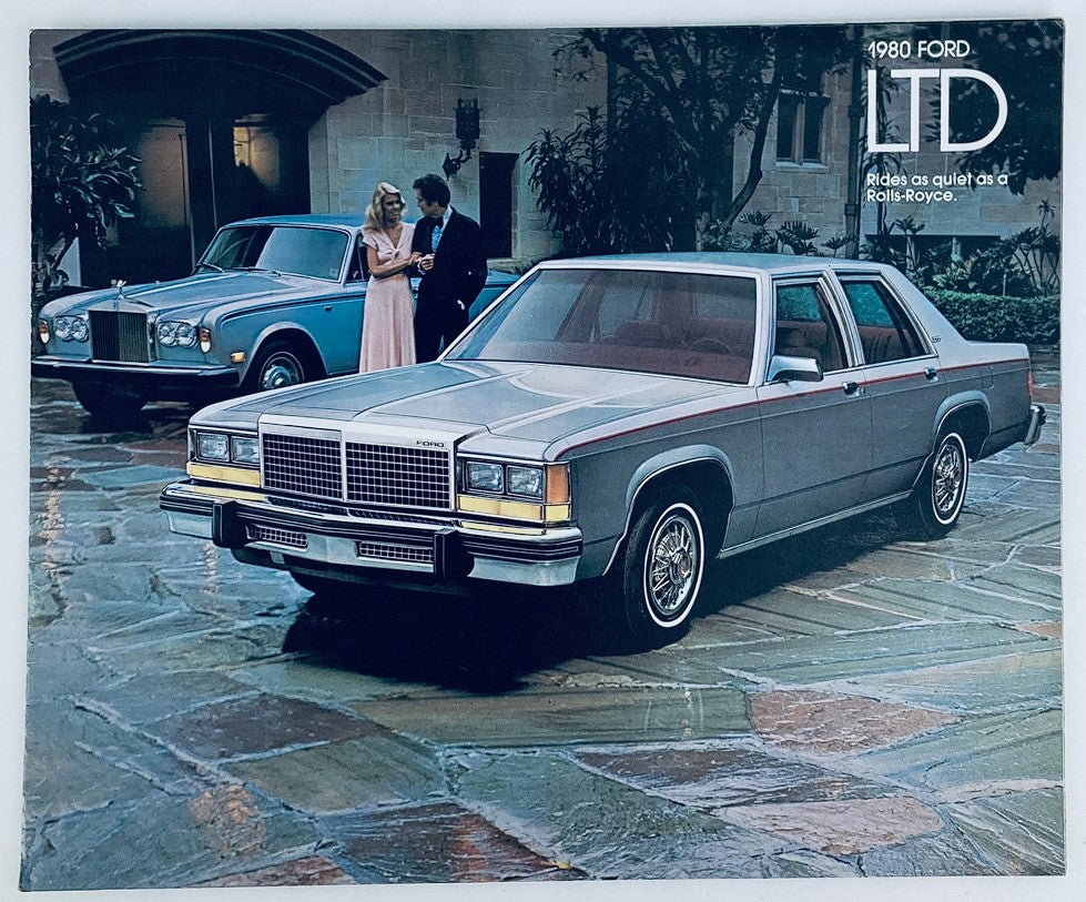 1980 Ford LTD Full Line Dealer Showroom Sales Brochure Guide Catalog featuring a classic Ford LTD in the foreground with two people dressed elegantly, surrounded by a luxury car backdrop.