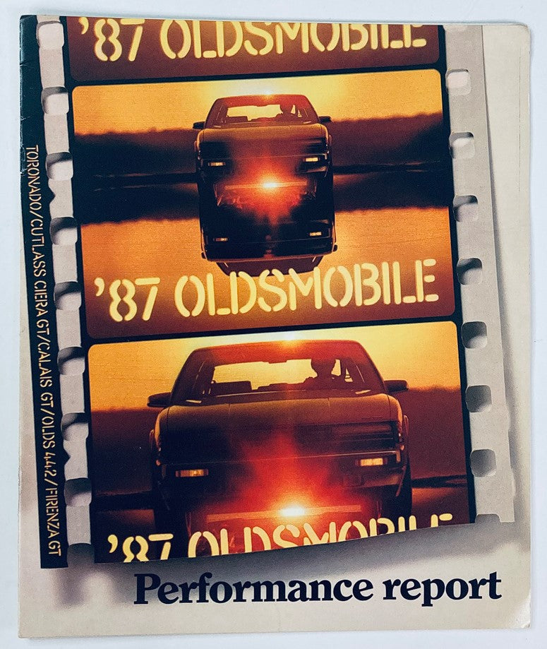 Cover of the 1987 Oldsmobile Performance Report Dealer Showroom Sales Brochure featuring a striking image of a vintage Oldsmobile vehicle, highlighting the title '87 OLDSMOBILE' across a dramatic sunset backdrop.