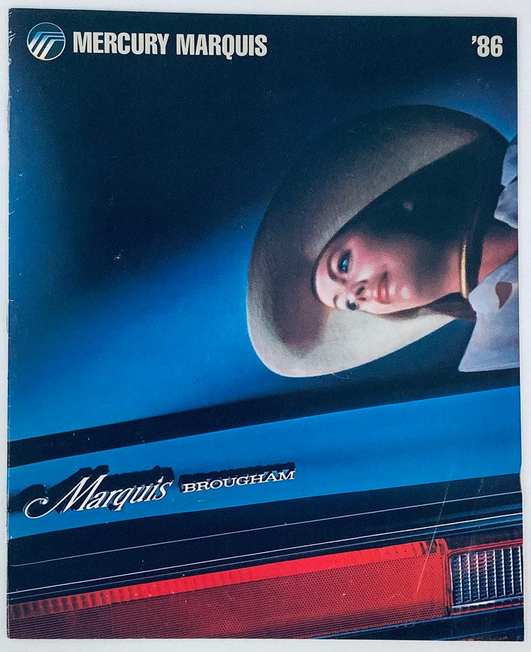 1986 Mercury Grand Marquis Dealer Showroom Sales Brochure Guide Catalog featuring a stylish cover design with a model and classic car imagery.