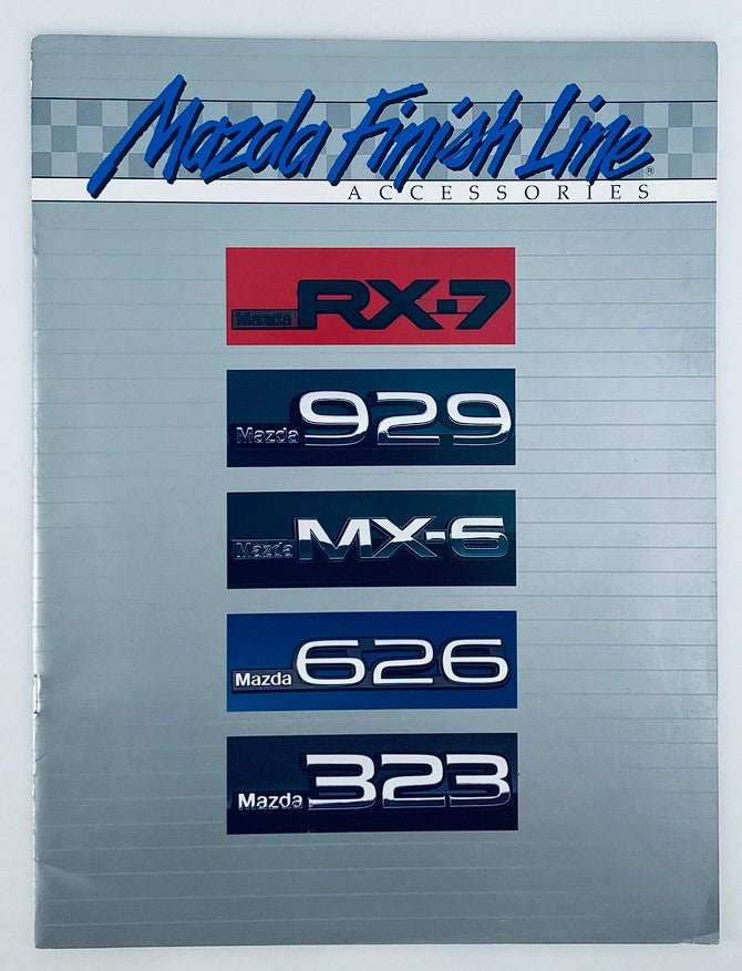 1988 Mazda Finish Line Accessories Dealer Showroom Sales Brochure Guide Catalog showcasing Mazda RX-7, Mazda 929, Mazda MX-6, Mazda 626, and Mazda 323 models on the cover.