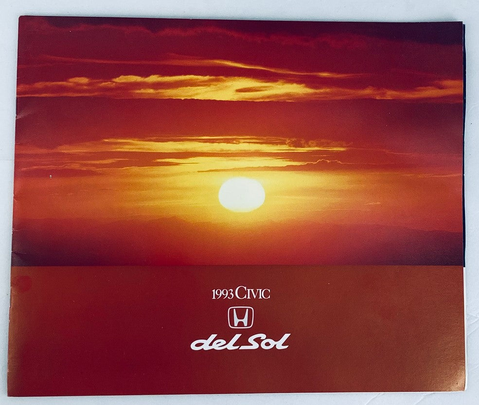 Cover of the 1993 Honda Civic del Sol Dealer Showroom Sales Brochure Guide Catalog featuring a stunning sunset background, showcasing the Honda logo and the model name 'del Sol' prominently.