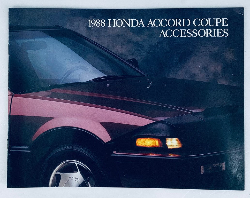 1988 Honda Accord Coupe Accessories Dealer Showroom Sales Brochure Guide Catalog featuring a close-up view of the car's front side highlighting its design and features.
