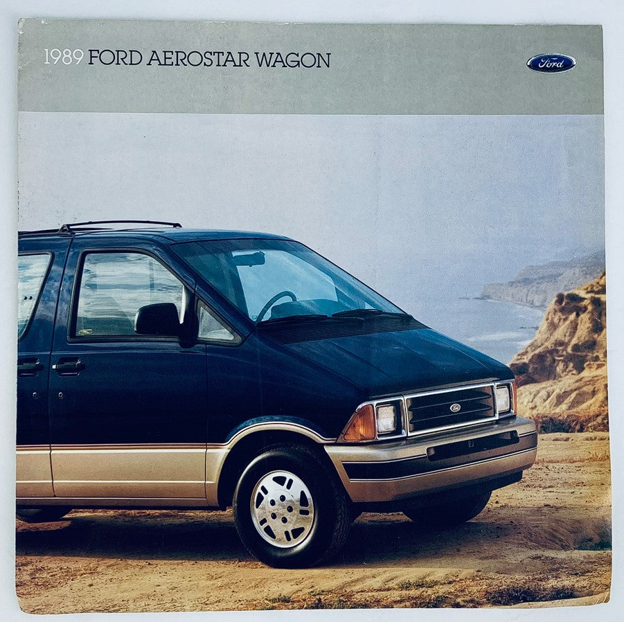 1989 Ford Aerostar Wagon dealer showroom sales brochure with a scenic background featuring the vehicle prominently showcased on a beach.