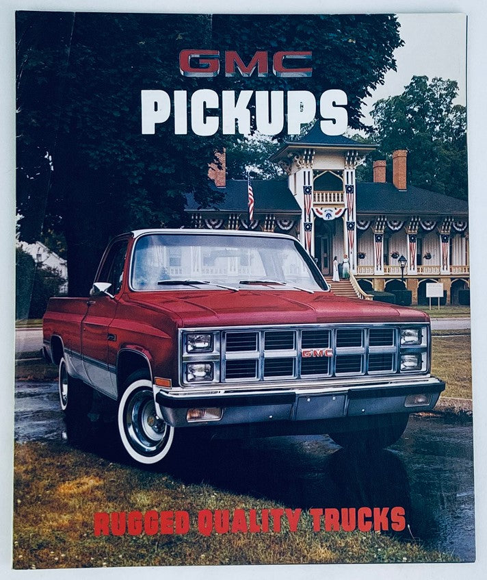 Cover image of the 1981 GMC Pickups Lineup Dealer Showroom Sales Brochure Guide Catalog featuring a GMC pickup truck in front of a historic building, emphasizing rugged quality trucks.